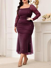 Modelyn Burgundy Red Plus Size Glitter Mermaid Hem Elegant Dresses