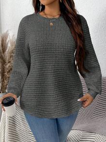 EMERY ROSE Plus Size Women Solid Color Round Neck Long Sleeve Loose Casual Sweatshirt, Autumn - Dark Grey - View 5