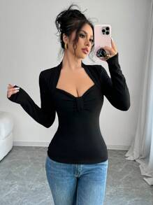 Arcane Artistry 女士纯色圆领长袖休闲 T 恤，春夏 - 黑色 - 查看 1