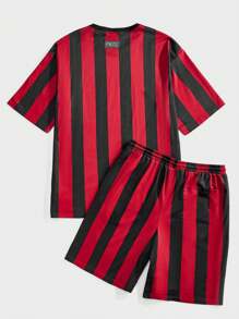 Manfinity VCAY Men's Letter & Striped Print Crew Neck Short Sleeve Casual T-Shirt And Drawstring Waist Shorts Set - Red - View 2