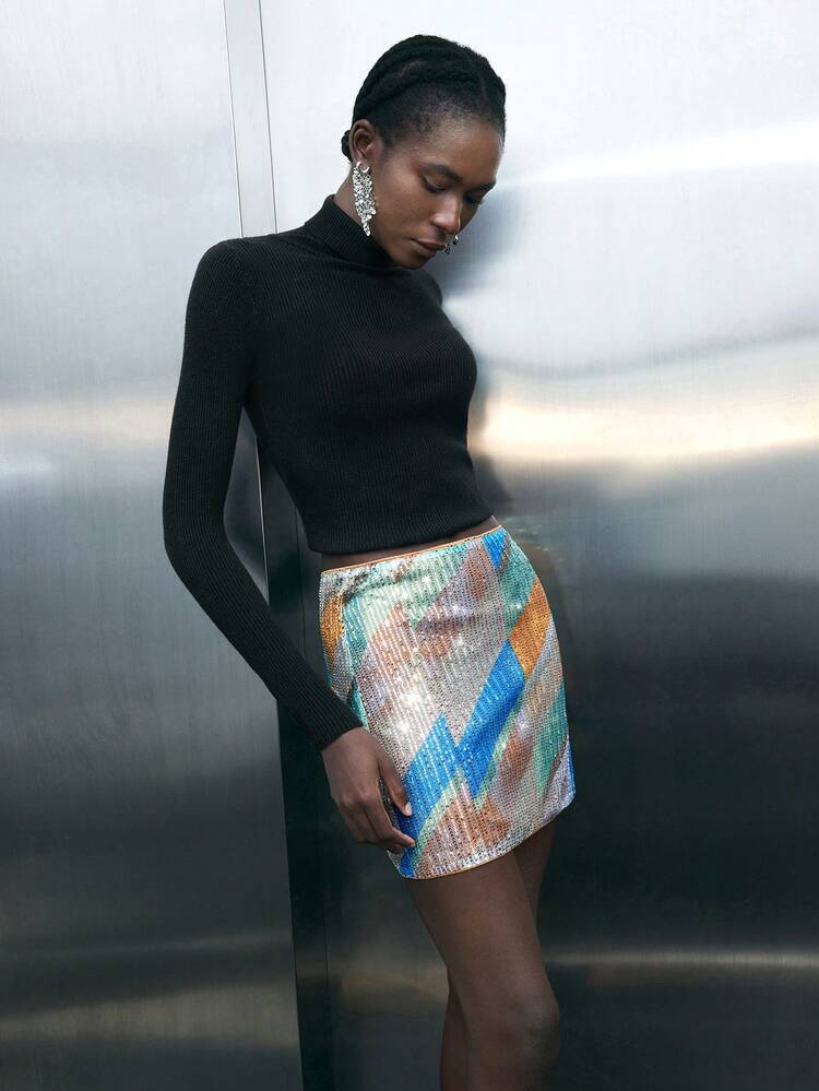 SHEIN Maija Women's Autumn/Winter Geometric Color Block Sequin Embellished Short Slim Fit A-Line Skirt