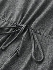 SHEIN LUNE 大码女式纯色圆领短袖系带休闲连衣裙节日派对连衣裙女士派对连衣裙 - 深灰色 - 查看 3