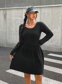 SHEIN EZwear Plus Size Solid Color Cinched Waist Sweater Dress, Autumn/Winter - Black - View 6