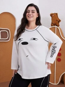 We Bare Bears X SHEIN Große Größen Lässig süßer Bär Muster Rundhals Langarm Raglan Kontrast Saum T-Shirt, für Herbst/Winter - Weiss - Übersicht 5