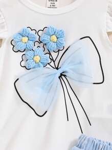 SHEIN 女婴 2 件套休闲蝴蝶短袖上衣和裙子套装，春夏 - 藍色 - 查看 5