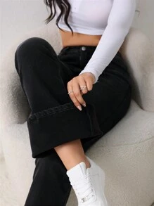 SHEIN Tall 女款休閒緊身彈性喇叭牛仔褲，黑色天鵝絨冬季保暖丹寧泰迪毛絨加絨內搭褲，女裝，適合高個女性 - 黑色 - 查看 4