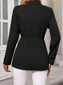 SHEIN Clasi 1pc Women Straight Neckline Long Sleeve Waist Ruched Drawstring Metal Button Front Blazer Jacket - Black - View 2