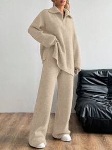 Flirla Bộ 2 áo len dệt kim rộng rãi thoải mái cho nữ và quần, trang phục đa năng cho mùa thu/đông - Màu Khaki - Xem 1