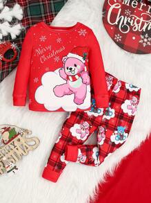 Bộ đồ mặc nhà in hình chú gấu Giáng sinh dài tay và quần legging cho bé gái - Đỏ - Xem 1