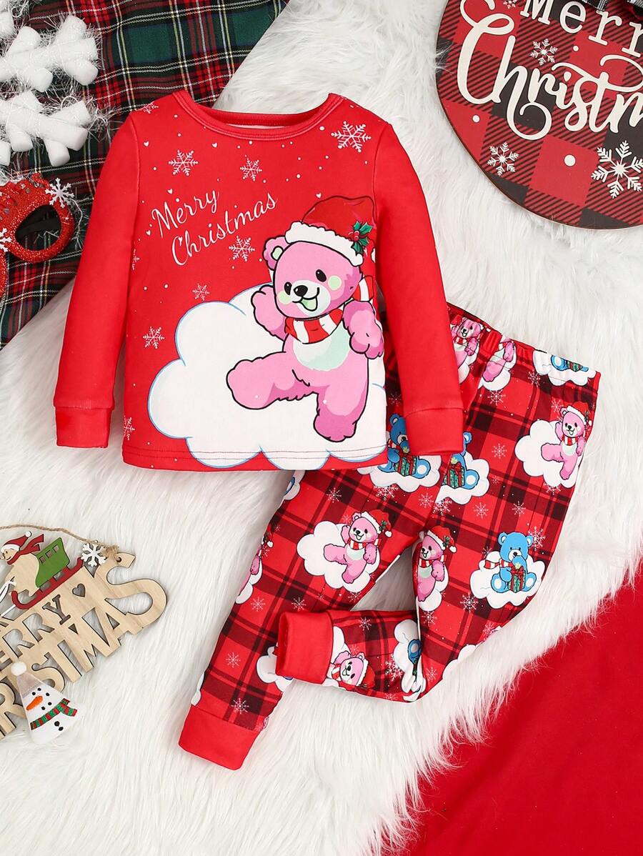 Bộ đồ mặc nhà in hình chú gấu Giáng sinh dài tay và quần legging cho bé gái - Đỏ - Xem 1