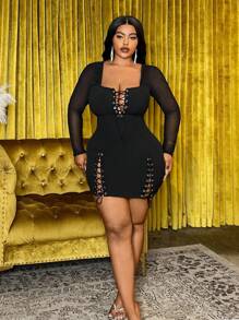 Slaydiva فستان ضيق ذو أكمام طويلة من الشمواه مزين بالحبك، للمقاسات الكبيرة بأربطة رفيعة وطراز الشارع - الأسود - مشاهدة 6