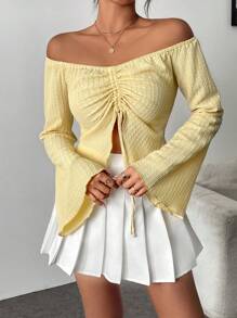 Chiquease 1 chiếc áo thun trễ vai cho nữ, dây rút, viền bất đối xứng, tay loe, vải có họa tiết, trẻ trung và thời trang - Màu vàng - Xem 1