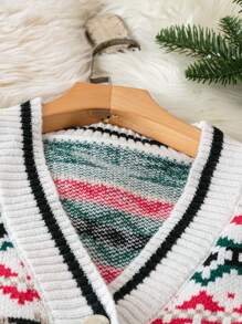 SHEIN LUNE 大码女式前扣开衫，带圣诞树图案，休闲/日常穿着，秋冬 - 紅白色 - 查看 5