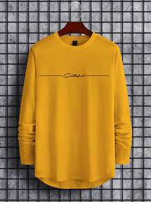 Manfinity Homme Men Round Neck Long Sleeve Letter Print Casual Tops Tee