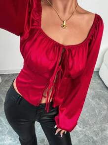 Elenzga Blusa elegante de estilo cárdigan con nudo delantero de satén de alta gama para mujeres, color borgoña