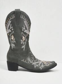 Styleloop Women's Floral Embroidered Minimalist Western Cowboy Boots, Casual For Daily Wear For Christmas And New Year Holiday Vibe Fall And Winter - Dark Green - View 9