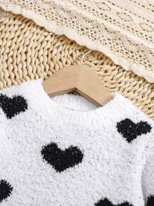 SHEIN 2pcs Baby Girl Cute White Heart Print Long Sleeve Sweater & Elastic Waist Black Pants Set, Autumn/Winter - Black and White - View 3