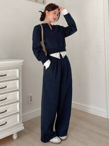 DAZY 女士休闲V领撞色拼接卫衣裤套装（2件套），秋季女装运动套装家居服套装