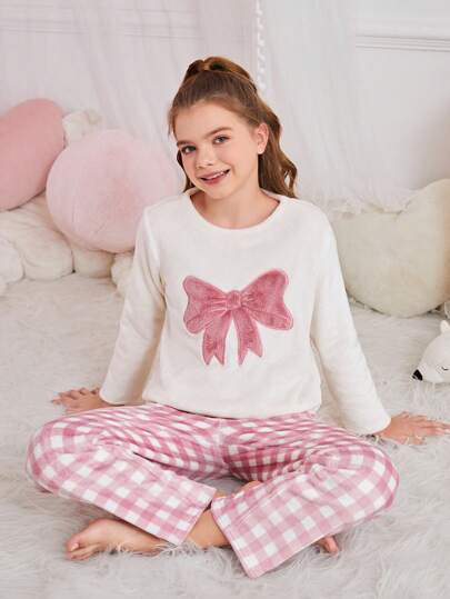 SHEIN Leap Crew 2 件 Tween 女童可爱简约蝴蝶结装饰撞色刺绣圆领长袖上衣和格子图案裤子柔软舒适法兰绒睡衣套装，秋冬