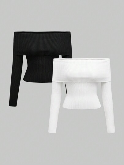 2 Stücke Damen eng anliegender Off-Shoulder Langarm Pullover Set