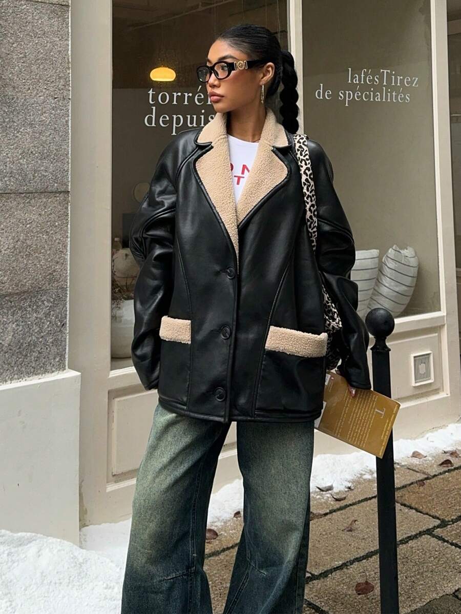 SHEIN EZwear 女士休闲拼色毛绒夹克秋冬款 - 黑色 - 查看 1