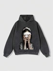ROMWE MEN Street Life Sudadera con capucha de manga larga con estampado de figura para hombres