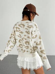 Flirla 1 pieza Suéter de punto con cuello en V y estampado de leopardo, de corte holgado, para uso casual diario en otoño e invierno - Multicolor - Ver 2