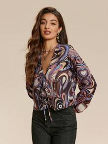 Chiquease Áo cánh rộng tay lỡ in họa tiết đầy đủ cho nữ, thời trang, mùa thu - Nhiều màu - Xem 4