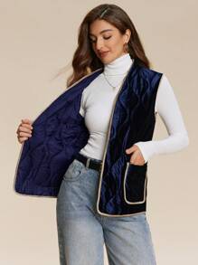 SHEIN Unity Women's Contrast Trim Belted Winter Clothes Padded Vest Puffer Jacket With Pockets - Navy Blue - View 4