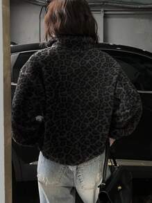 DAZY Casual Leopard Print Fleece Sweatshirt, Fall/Winter,Long Sleeve Tops,Fleece Lined