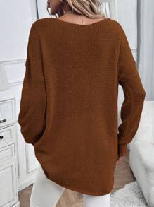 SHEIN LUNE 针织毛衣，纯色，宽松，休闲秋季圆领落肩蝙蝠袖针织 - 咖啡棕 - 查看 2