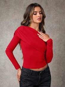 SHEIN BAE 1 Áo thun dài tay xếp ly màu trơn đơn giản cho nữ, mặc thường ngày - Đỏ - Xem 4