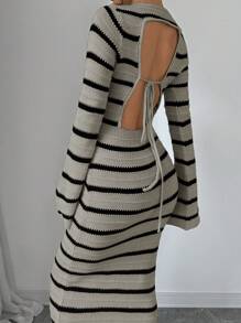 Chiquease 女式条纹露背系带喇叭袖毛衣连衣裙 - 卡其色 - 查看 6