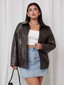 SHEIN EZwear Chaqueta de estilo vintage punk rock con solapa desgastada, para mujer talla grande, apta para otoño/invierno - Marrón - Ver 4