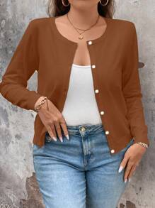 SHEIN Clasi Plus Size Casual Solid Color Cardigan, Versatile For Spring And Autumn, For Winter Fall Cloth For Women - Brown - View 4