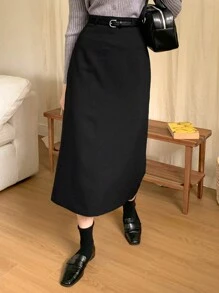 DAZY 女士纯色后开衩铅笔裙 - 黑色 - 查看 4