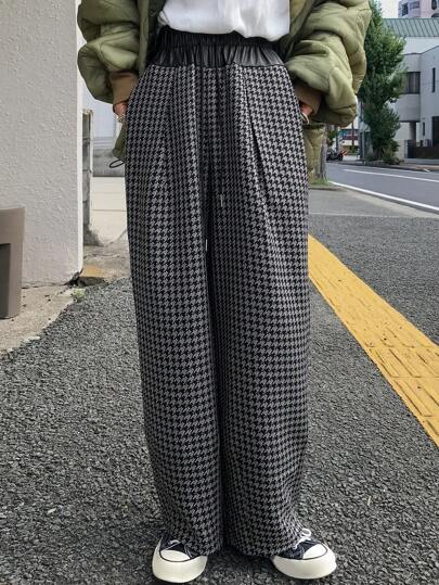 FRIFUL 女款PU拼布格子宽松七分裤秋冬