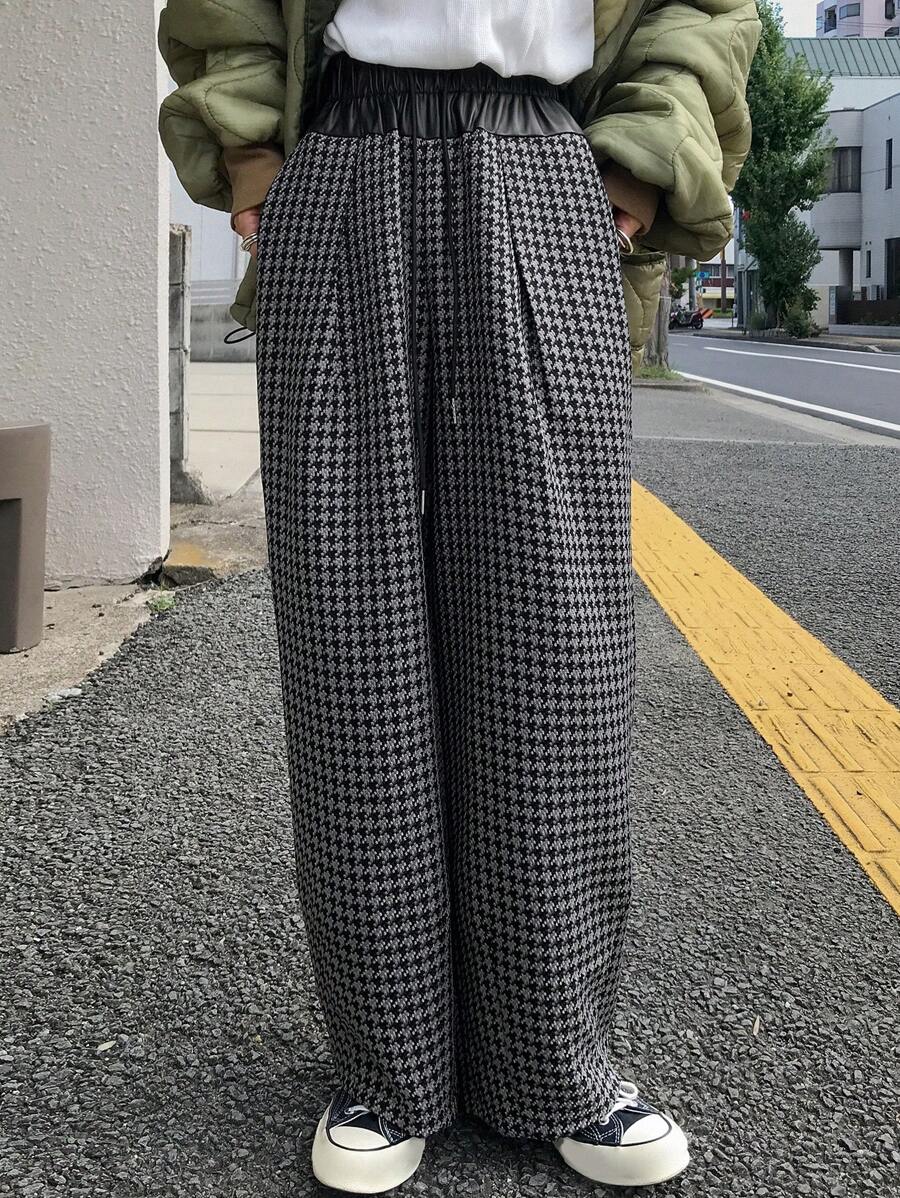 FRIFUL 女款PU拼布格子宽松七分裤秋冬 - 灰色 - 查看 1