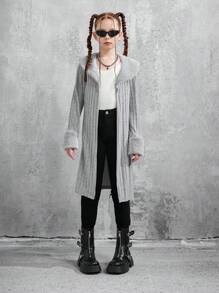 SHEIN Tween Girls Grey Ribbed Patchwork Fluffy Collar Fluffy Sleeve All-Match Casual Longline Jacket, Fall - Grey - View 3