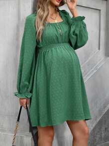 SHEIN Maternity Flutter Sleeve Square Neck Buttoned Front Jacquard Pregnancy Dress, Suitable For Teachers, Autumn Collection - Green - View 5