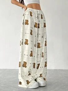 SHEIN EZwear 女士格子卡通熊印花抽绳腰阔腿休闲裤 - 杏色 - 查看 6