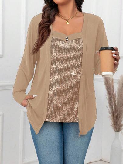 EMERY ROSE Plus Size Casual Tee With Ruffle Collar, Mushroom Button Decor, Soft Knit Patchwork With Mesh & Bead Embroidery, Asymmetrical Hem, Long Sleeve, For Outdoor & Commuting