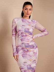 SHEIN BAE Váy dài tay ôm sát in họa tiết đá cẩm thạch thanh lịch dành cho nữ, mùa thu - Màu tím hoa cà - Xem 3