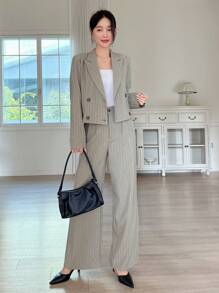 DAZY 女士条纹腰带西装外套及阔腿裤套装，秋季商务装 - 卡其色 - 查看 7