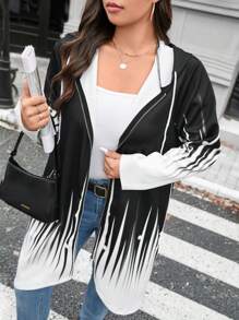 SHEIN LUNE Plus Size Women Christmas Contrast Color Zip Up Hoodie Coat With Drawstring Holiday Thermal - Black - View 6