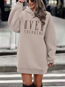 EMERY ROSE Casual Letter Print Hooded Long Sweatshirt, Autumn/Winter,Long Sleeve Tops Graduation,Back To School Outfits,Graduation,Teacher Outfits For Women,Back To School Pullover Fall Outfit - Coffee Brown - View 4