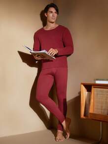 Solid Color Men 2pcs Warm Outfit - Round Neck Long Sleeve Top And Long Pants Set