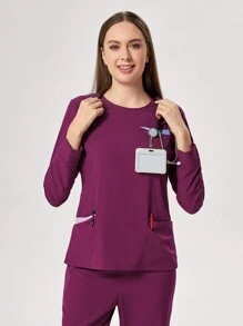 TaskEZ 2 件套女式纯色圆领长袖口袋上衣和裤子护士服套装