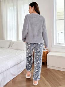 Women's Panda Embroidery Soft & Warm Fluffy Pajama Set For Autumn/Winter, Fall Winter Clothes, Cozy - Multicolor - View 2