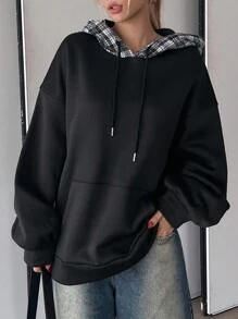 DAZY Áo nỉ nỉ kẻ caro dáng rộng thoải mái mới cho nữ mùa thu - màu đen - Xem 6